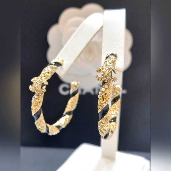 CHANEL Gold CC Logo Pearl Crystal Hoop Dangling Stud Earrings - Picture 2 of 12